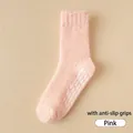 Pink coral fleece mid-tube socks with non-slip silicone grip dots for warm home wear - One Size / With Non-slip Dots / Pink