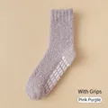 Plush coral fleece thermal socks in light pink purple with anti-slip dotted rubber soles - One Size / With Non-slip Dots / Pink Purple