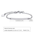 Detail showing stainless steel child ID bracelet dimensions 31.5mm x 3mm and heart charm - Silver Minimalist Curved Bar Style (BR-1327)