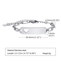 Detailed view of child stainless steel bracelet with engraved plate dimensions and sizing - 12+5cm Adjustable / Silver Heart Cutout Paperclip Chain Style (BR-1353S)