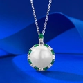 Elegant 12mm pearl necklace with emerald and diamond halo pendant on blue silk - 925 Silver / N246 Pearl Necklace (With Chain)