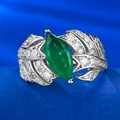S925 silver marquise green emerald ring with leaf design and sparkling side stones - US 5 / R678 Green Stone