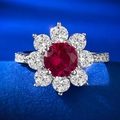 Elegant flower-shaped S925 silver ring with 1ct red ruby center and diamond accents - US 5 / Red (R687)