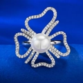Elegante anello a fiocco in argento 925 con perla naturale 8mm e zirconi su seta blu - US 5 / Anello con Perla (R692)