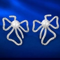 Elegant 925 silver bow stud earrings with sparkling pave stones and 6mm pearl center - 6mm / Bowknot Pearl Stud Earrings (E359)