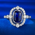 Vintage S925 Silberring mit großem blauen Rechteck-Edelstein und Diamantenbesatz - US 5 / Saphirblau