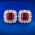 S925 sterling silver stud earrings with square red ruby and diamond halo setting - 925 Silver / Red Diamond Color