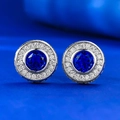 Eleganti orecchini halo con pietra preziosa blu tonda incastonata in metallo argento - Argento 925 / Blu