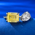 Elegant S925 silver open ring with emerald-cut yellow gem and pear-shaped clear stone - Adjustable Open / Yellow Rhinestone