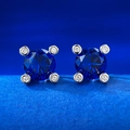 Vintage S925 silver stud earrings featuring 1ct round blue sapphire and halo diamonds - 925 Silver / Sapphire Blue Style (E421 蓝钻)