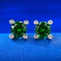 Classic S925 silver stud earrings featuring round green sapphire and halo accents - 925 Silver / Emerald Green Style (E421 绿钻)