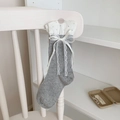 Gray rib-knit crew socks featuring white ribbon bows and elegant lace ruffles - One Size / Gray