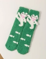 Detail of plush green coral fleece sock featuring cute cat motif and small fish patterns - One Size / Green (3D Cat Fish)