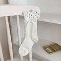 Beige mid-calf socks with polka dot trim and delicate white lace bows - One Size / White