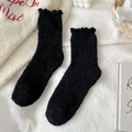 Thick black coral fleece socks with ruffled edges and soft plush texture for home wear - One Size (34-40) / Black