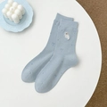 Chaussettes bleu clair avec broderie chat mignonne et motifs nœuds discrets en coton doux - Taille unique / Rose bonbon