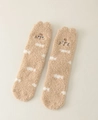Calze in pile corallo kaki con ricamo a gatto e motivi di pesci bianchi decorativi - Gatto Marrone Chiaro / Cuoio