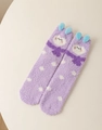 Chaussettes épaisses en polaire corail violet clair avec oreilles 3D et pois blancs - Taille unique / Violet