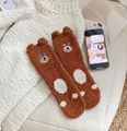 Brown coral fleece socks with 3D bear ears and white polka dots for winter warmth - One Size / Coffee
