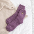 Purple coral fleece socks with gold embroidered heart for warm winter indoor wear - One Size / Purple