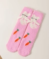 Roze koraalfleece sok met witte konijnenoren en oranje wortelpatronen voor dames - Eén maat / Roze (Konijn Wortel)