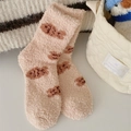 Thick pink coral fleece mid-tube socks with brown jacquard pattern for winter warmth - One Size / Fish Cake