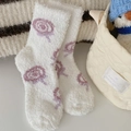 White thick coral fleece mid-tube socks with purple pattern for winter home wear - One Size / Lollipop