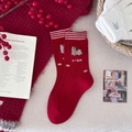 Red cotton socks with cartoon horse pattern and striped cuffs in festive setting - Horse with Coin