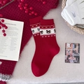 Festive red crew socks featuring ethnic horse jacquard pattern and ribbed cuffs for women - Fair Isle Horse