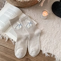 Calze beige in misto lana con grazioso motivo a gatto bianco e fiocco blu jacquard - Taglia unica / Beige