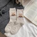 Beige Winter-Wollsocken mit süßer Teddybär-Stickerei und gerippten Bündchen - Einheitsgröße / Beige