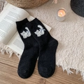 Chaussettes épaisses en laine noire pour femmes avec chat blanc et nœud bleu - Taille unique / Noir