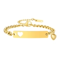 Gold-plated Cuban chain bracelet with heart cutout plate and solid heart charm - Gold Chain Width 5.4mm; Total Length 16+5cm