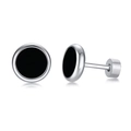 Unisex stainless steel stud earrings featuring a polished black round inlay and screw back - Black Glossy - Silver Base (Style 3)