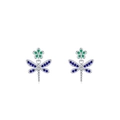 Elegant S925 silver dragonfly earrings with colorful zircon and green flower studs - Dragonfly Flower Zirconia Style (ED3379) / 925 Silver