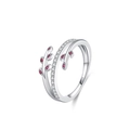 Elegant S925 sterling silver leaf open ring with red stones and white diamonds - US Size 5 / Silver