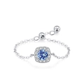 Adjustable S925 silver chain ring with sapphire blue zircon and diamond halo - Adjustable Open / Silver with Round Dark Blue Stone