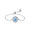 Adjustable S925 silver chain ring featuring a round sky blue zircon with halo crystals - Adjustable Open / Silver with Round Sky Blue Stone