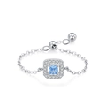 S925 silver adjustable chain ring with square blue zircon and white crystal accents - Adjustable Open / Silver with Square Sky Blue Stone