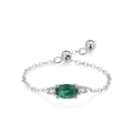 Adjustable S925 silver chain ring with oval emerald-green zircon and sparkling side stones - Adjustable Open / Silver with Oval Emerald Green Stone