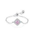 Adjustable S925 silver chain ring featuring a pink zircon rhombus pendant with white accents - Adjustable Open / Silver with Rhombus Pink Stone
