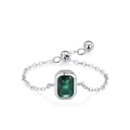 Adjustable S925 sterling silver chain ring featuring an emerald green rectangular zircon - Adjustable Open / Silver with Rectangular Green Stone