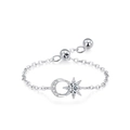 Anillo de cadena ajustable en plata de ley 925 con luna creciente y estrella de circonia - Abierto Ajustable / Estilo Estrella Luna Octagrama (JZ2040) / Plateado