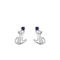 Cute S925 sterling silver cat stud earrings with round blue gemstone in a minimalist style - Cat Stud Earrings (ED3535) / 925 Silver