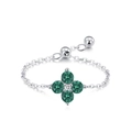 Anillo de plata 925 ajustable con trébol de cuatro hojas de piedras verdes y cadena - Ajustable / Estilo Verde (JZ-2094G)