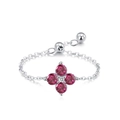 Anillo de cadena de plata 925 ajustable con trébol magenta y cristal central brillante - Ajustable / Estilo Rosa Roja (JZ-2094R)