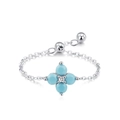 Anillo de cadena ajustable de plata 925 con un dije de flor de trébol azul claro - Ajustable / Estilo Azul Cielo (JZ-2094S)
