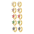 Set of five gold plated huggie hoop earrings with colorful zircon flower charms - White Zircon / Gold (EBD-481G)