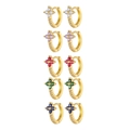 Exquisite copper flower hoop earrings set with colorful zircons in five diverse shades - White Zircon / Gold (EBD-482G)