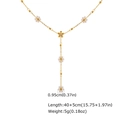 Collar en Y de acero inoxidable dorado con flores de perlas y medidas detalladas - Estilo Flor Perla Oro (NC-2511G)